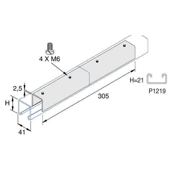 Unistrut P1219 41 x 21 x 200mm Internal Coupler Pre-Galvanised