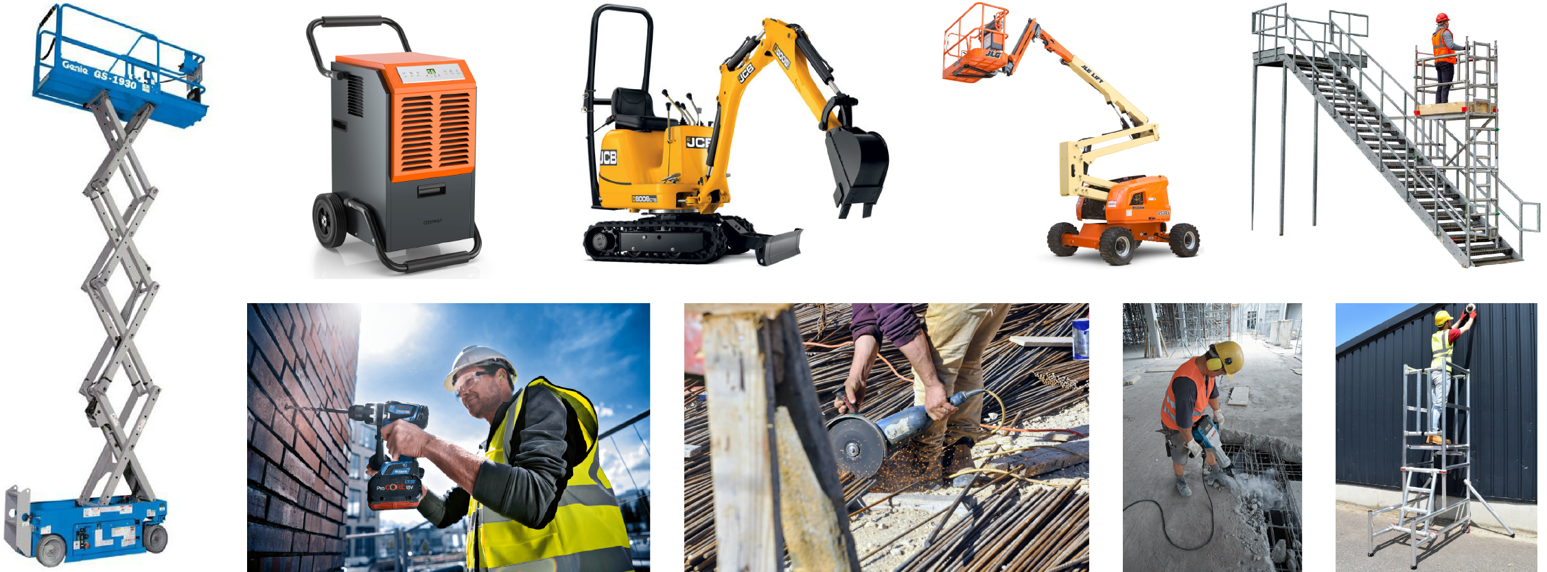 Metro Hire available fleet overview including scissor lifts, mini excavators, boom lifts, and precision site installation tools
