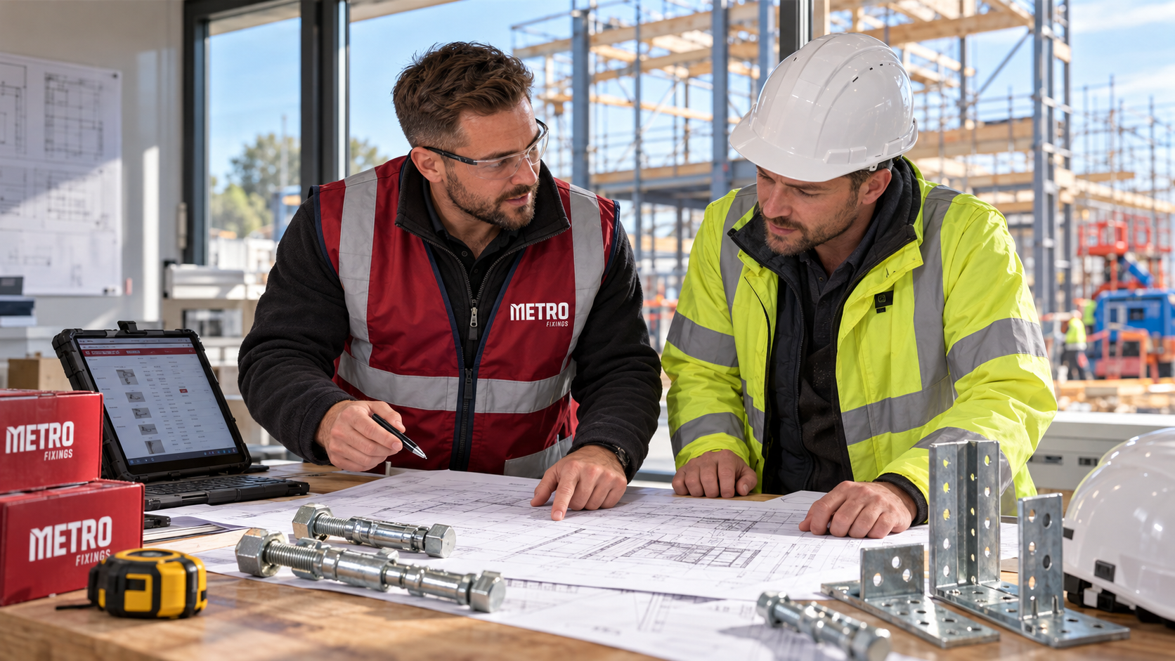 Metro Fixings representative reviewing construction blueprints on-site with a commercial client