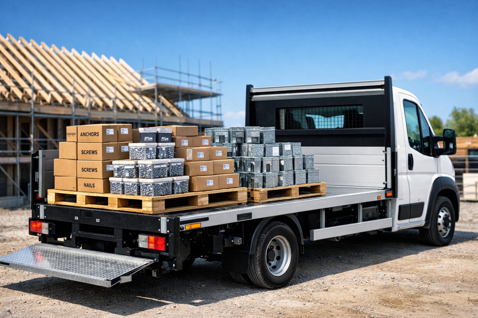 Active construction site framing and rapid transit transport delivery truck keeping builds moving