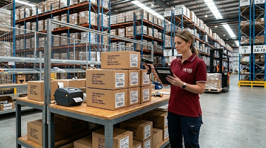 Metro Fixings distribution warehouse logistics intake team conducting structural inventory quality inspections and product returns profiling