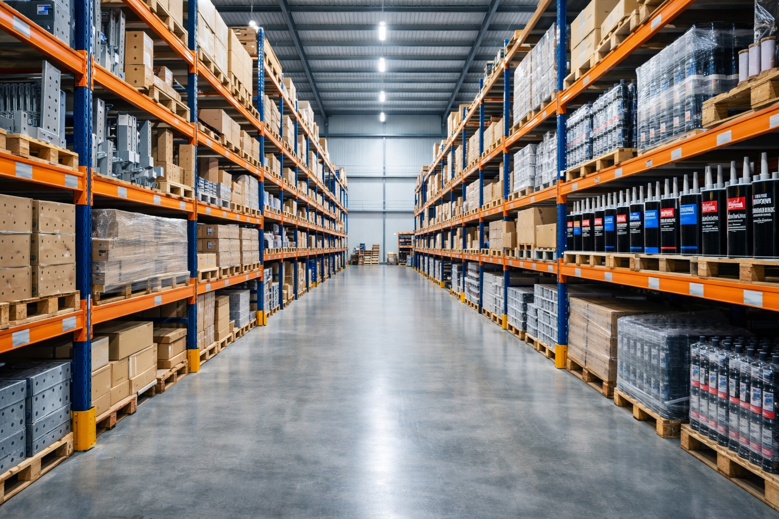 High density distribution warehouse racking displaying rows of bulk branded construction product stock profiles ready for courier dispatch